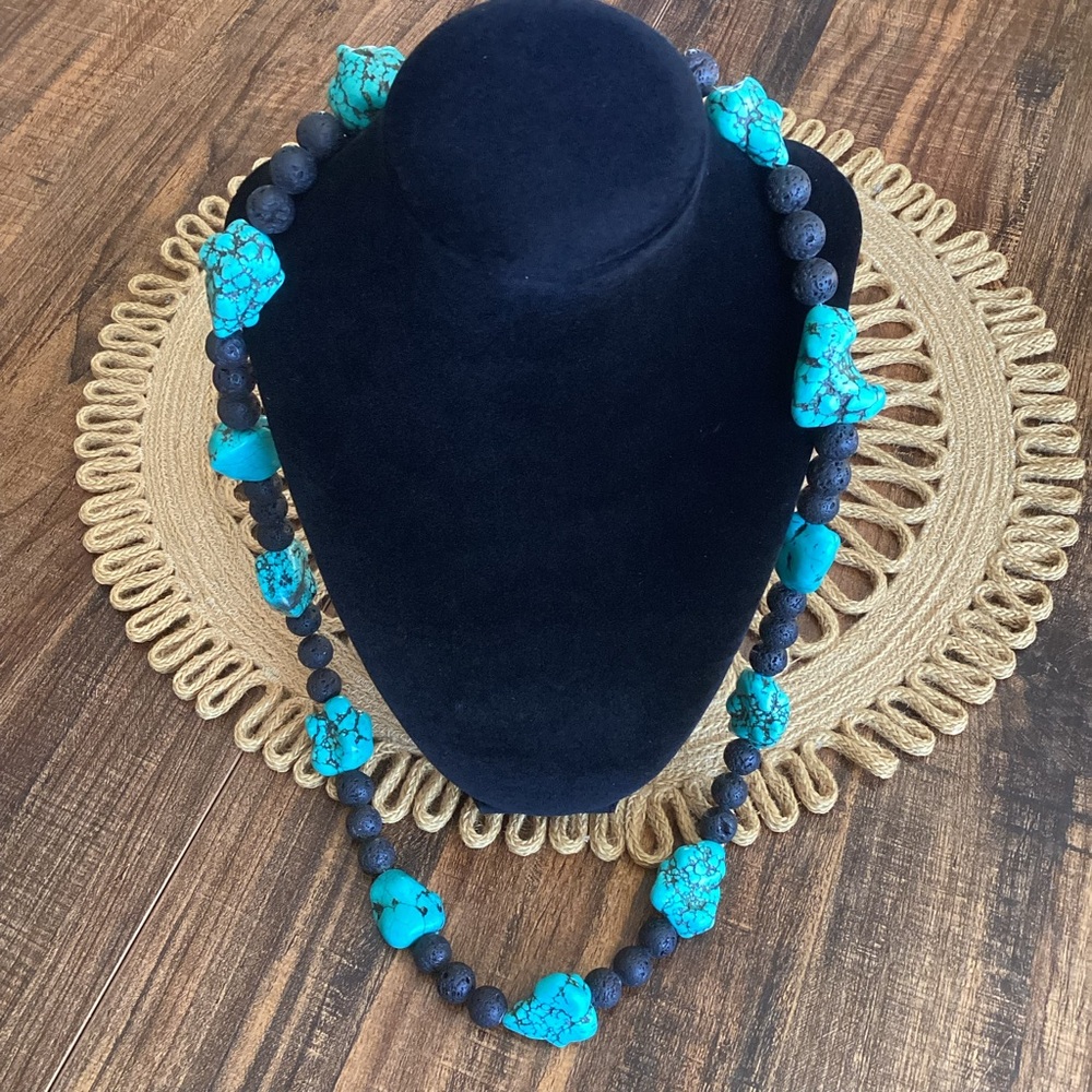 Chunky Turquoise and Lava Rock‎ Beaded Necklace Southwestern